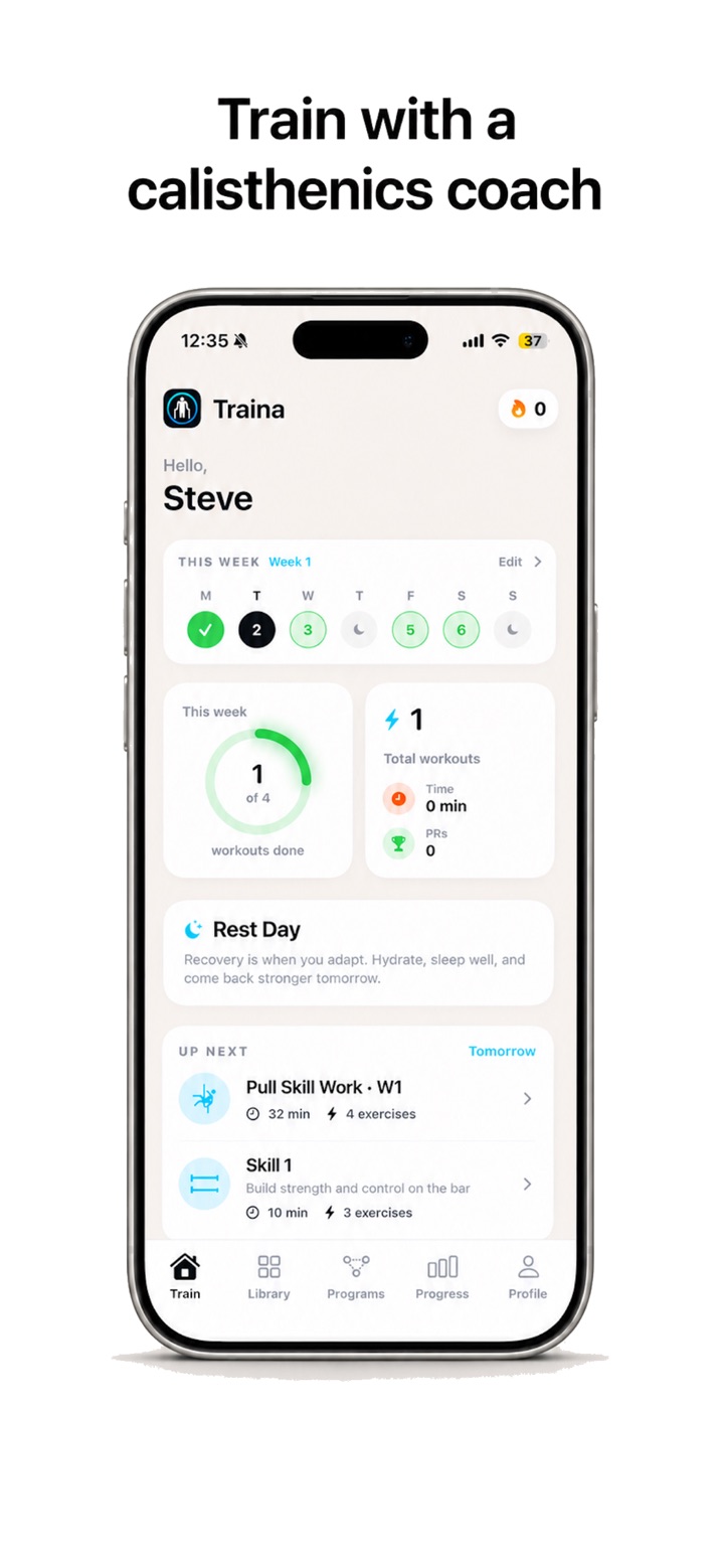 Traina workout home screen with a weekly training schedule